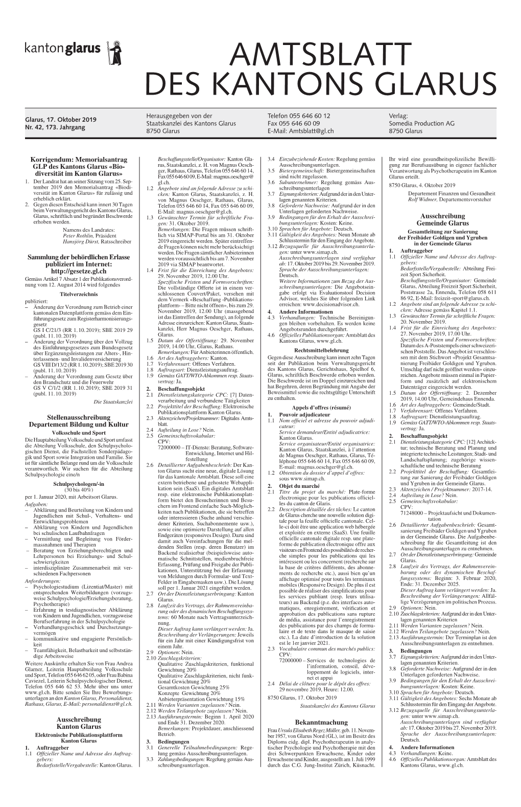 Amtsblatt Des Kantons Glarus
