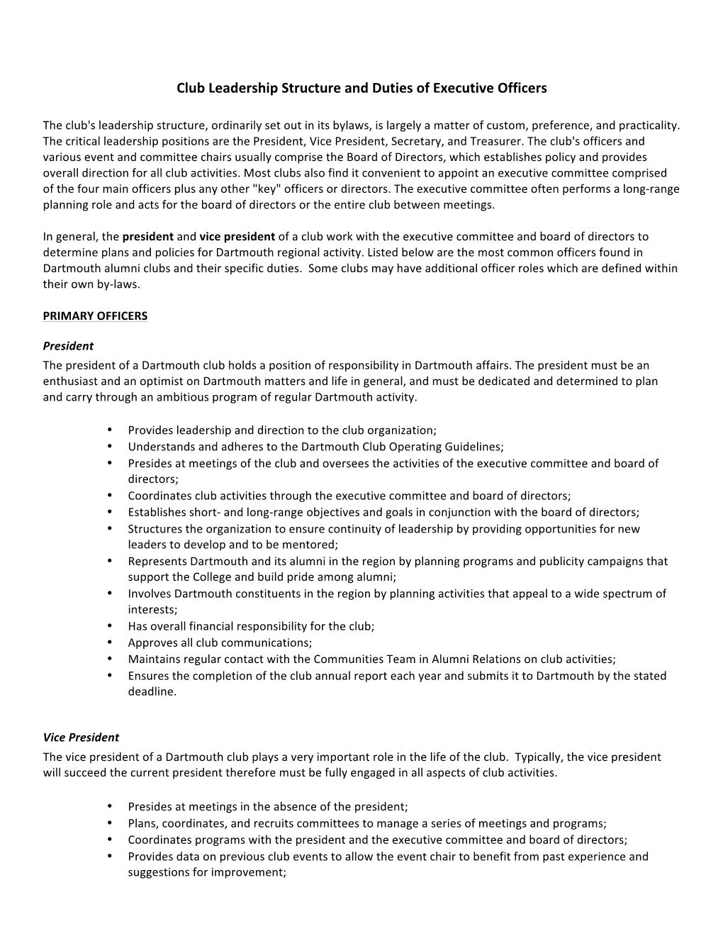 Club Leadership Structure and Duties of Executive Officers