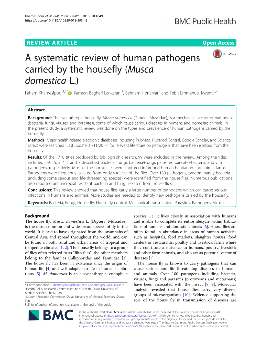 A Systematic Review of Human Pathogens Carried by the Housefly