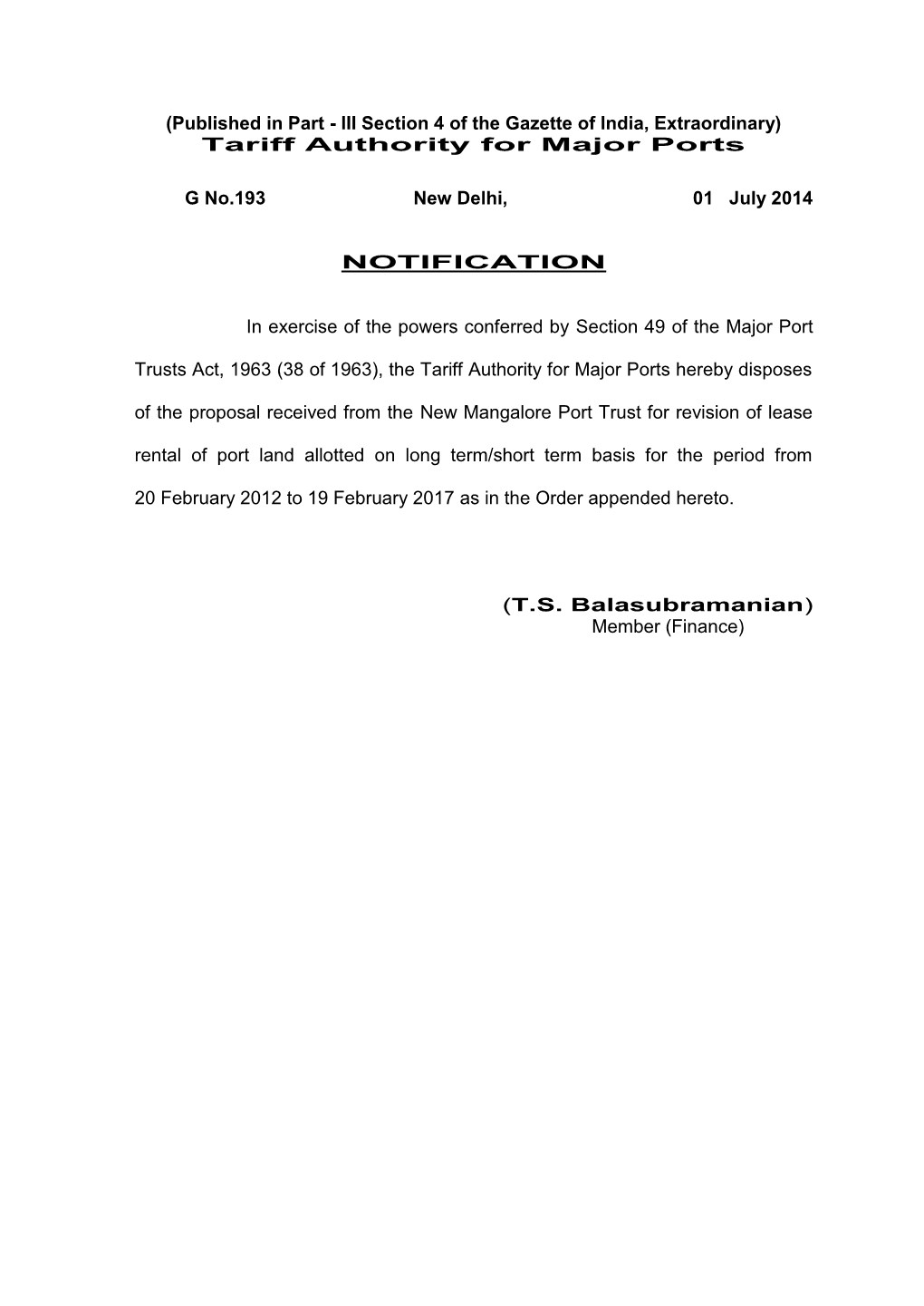 Tariff Authority for Major Ports G No.193 New Delhi