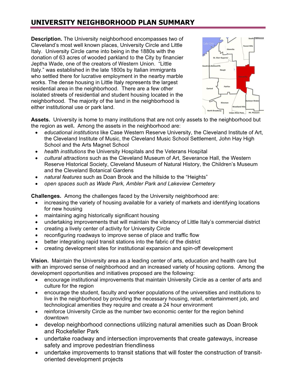 University Neighborhood Plan Summary