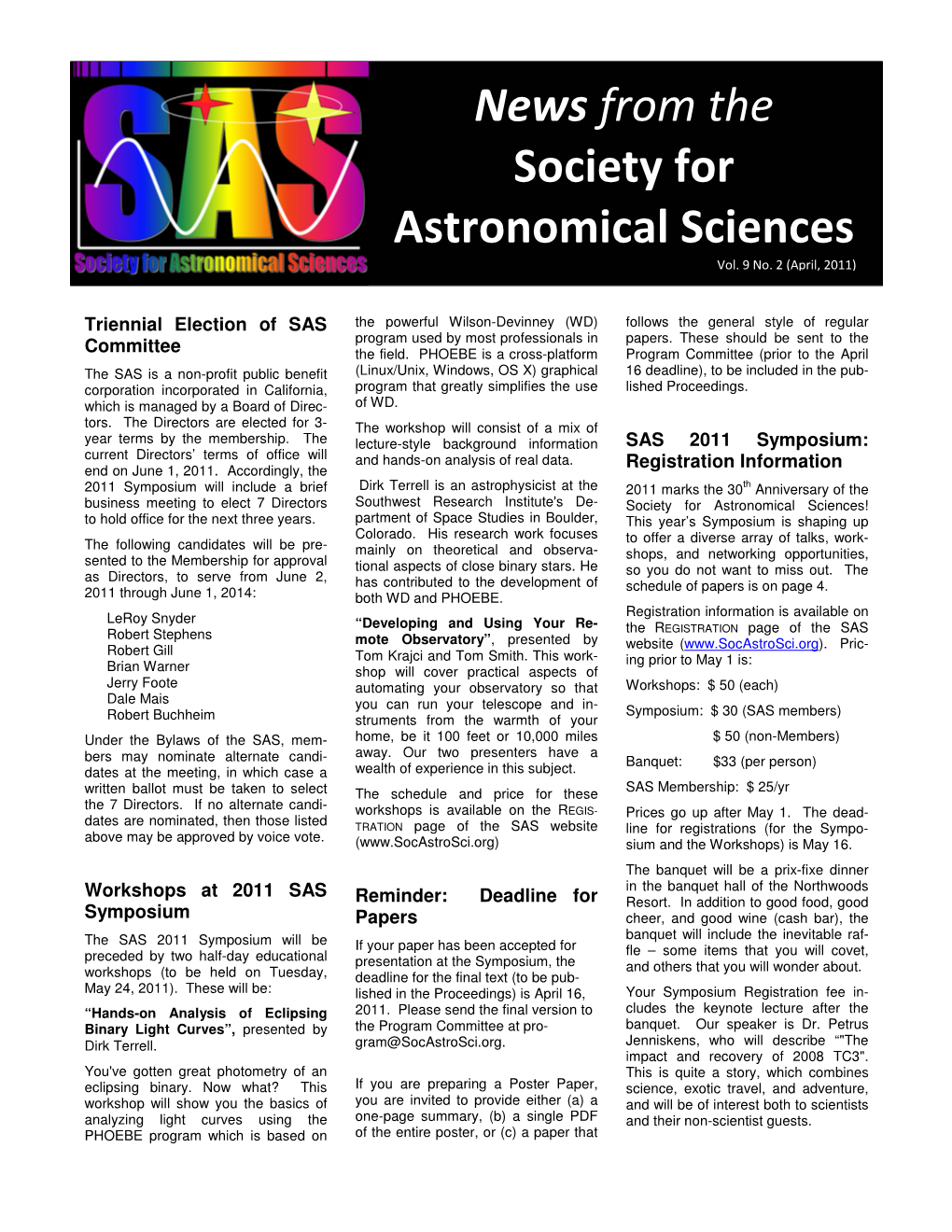 News from the Society for Astronomical Sciences