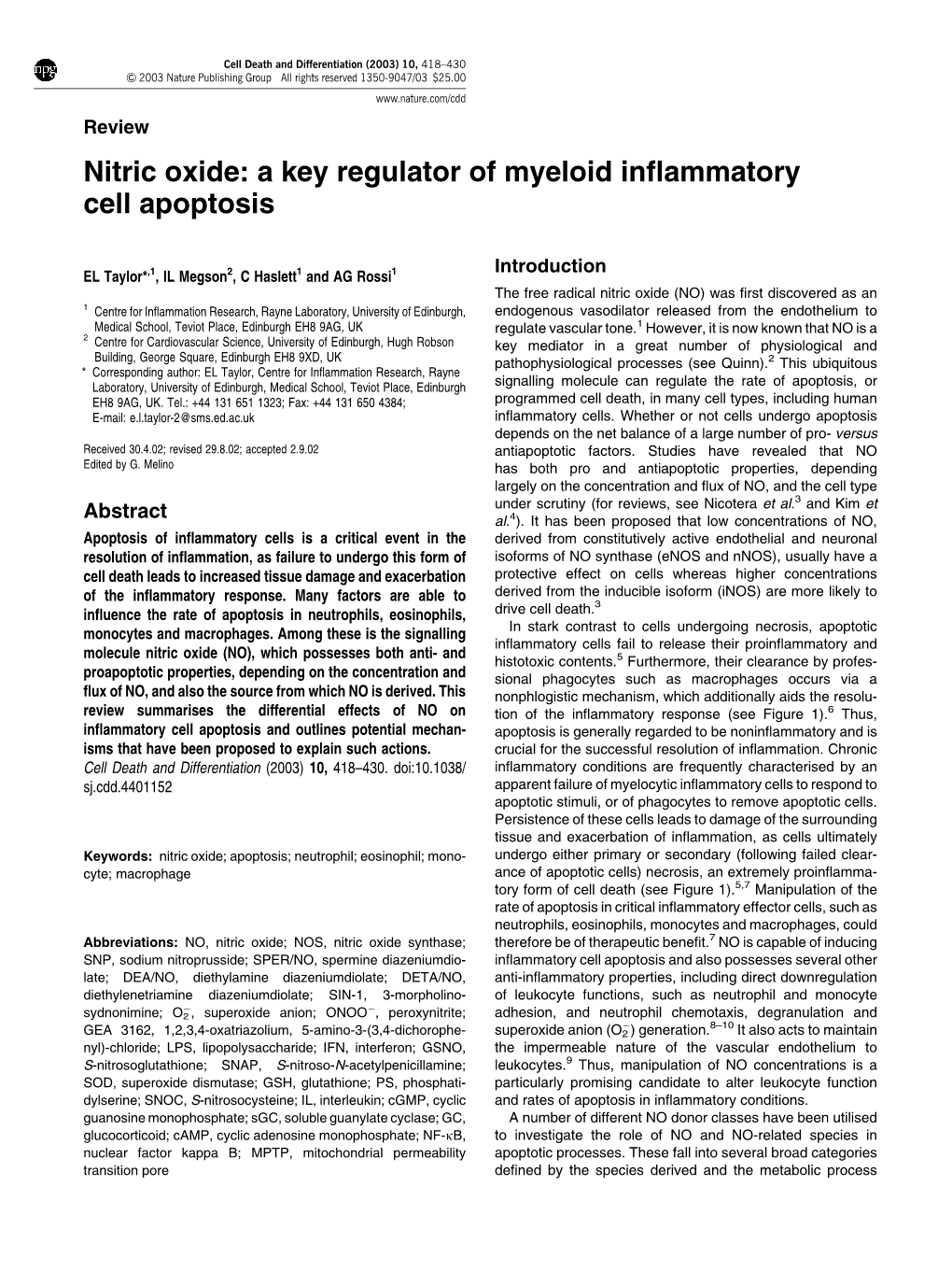 Nitric Oxide: a Key Regulator of Myeloid Inﬂammatory Cell Apoptosis