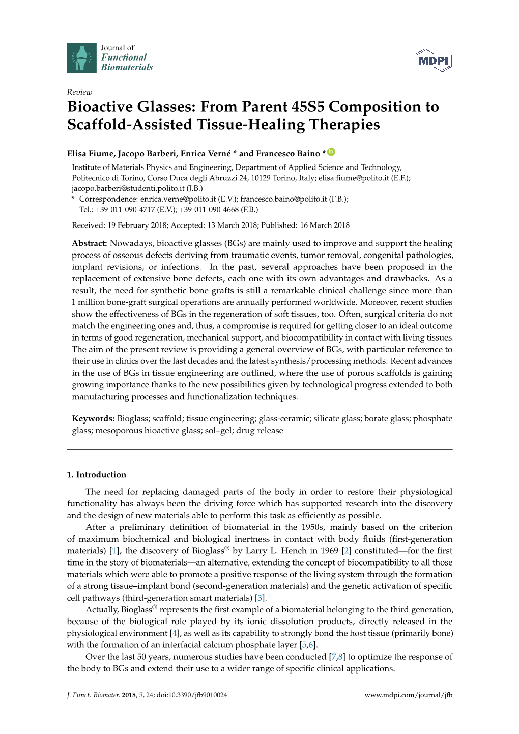 Bioactive Glasses: from Parent 45S5 Composition to Scaffold-Assisted Tissue-Healing Therapies