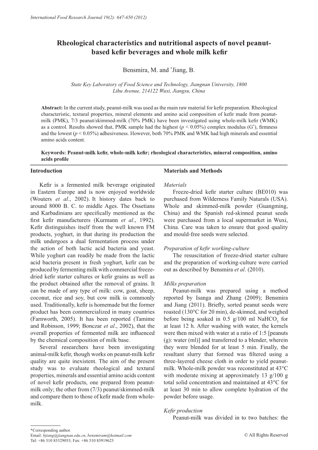 Rheological Characteristics and Nutritional Aspects of Novel Peanut- Based Kefir Beverages and Whole Milk Kefir