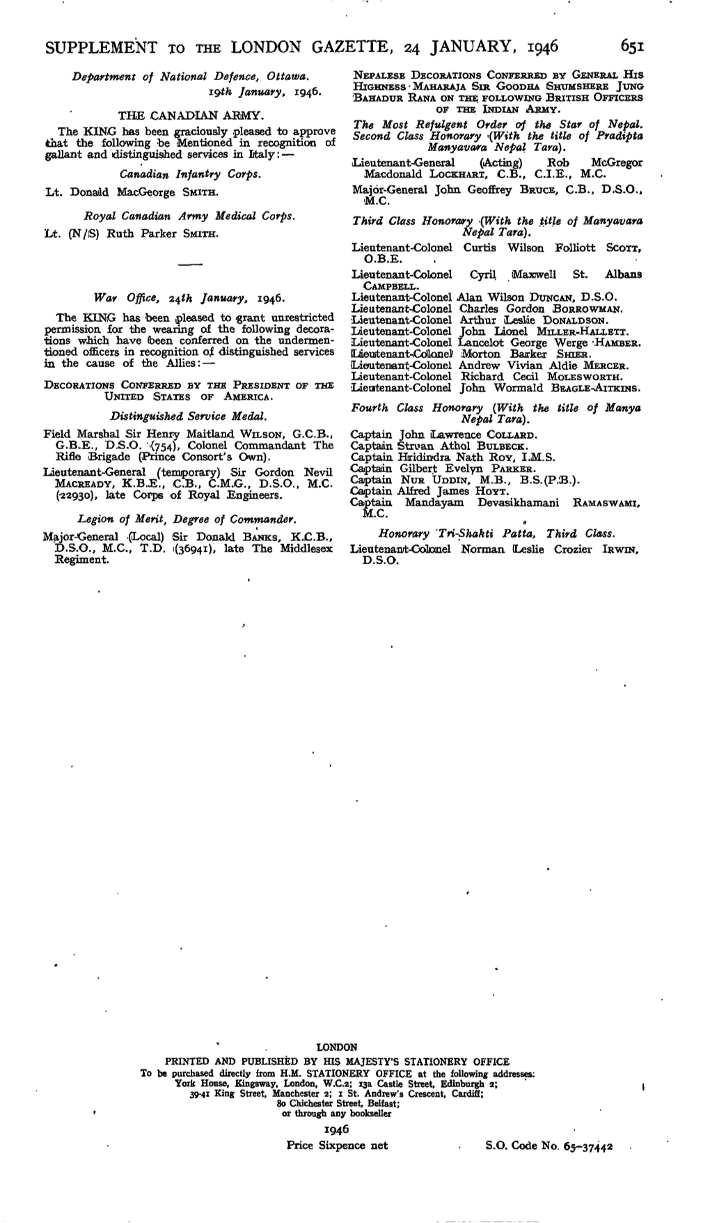 SUPPLEMENT to the LONDON GAZETTE, 24 JANUARY, 1946 651 Department of National Defence, Ottawa