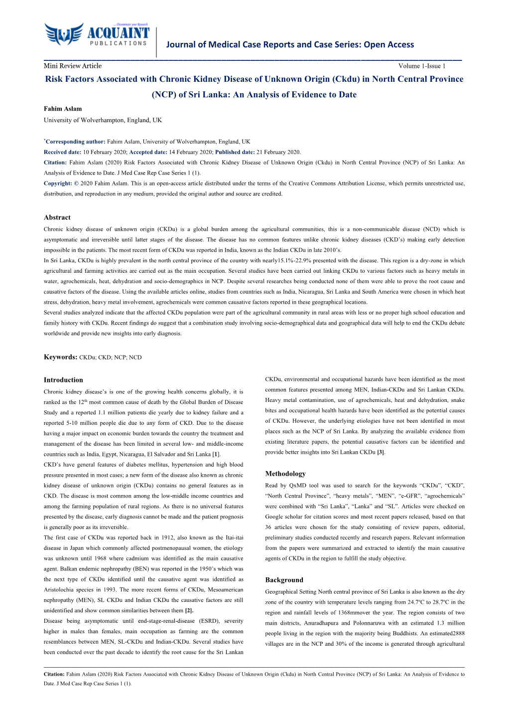 Of Sri Lanka: an Analysis of Evidence to Date Fahim Aslam University of Wolverhampton, England, UK