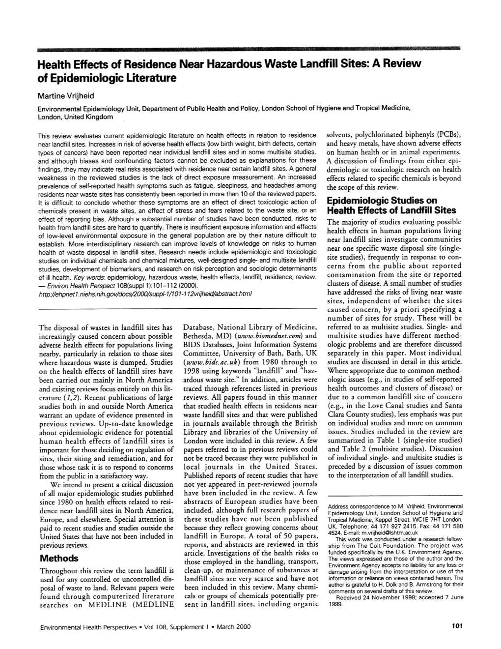 Health Effects of Residence Near Hazardous Waste Landfill Sites: a Review of Epidemiologic Literature