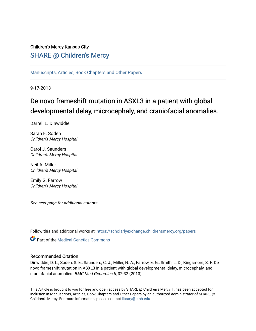 De Novo Frameshift Mutation in ASXL3 in a Patient with Global Developmental Delay, Microcephaly, and Craniofacial Anomalies