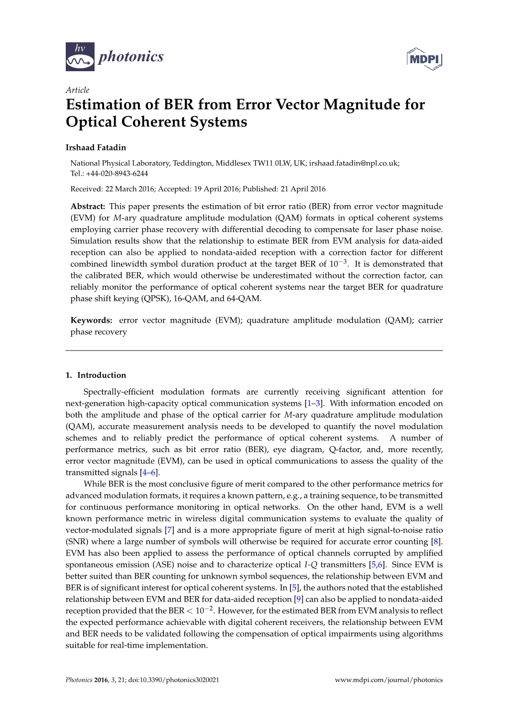 Estimation of BER from Error Vector Magnitude for Optical Coherent Systems