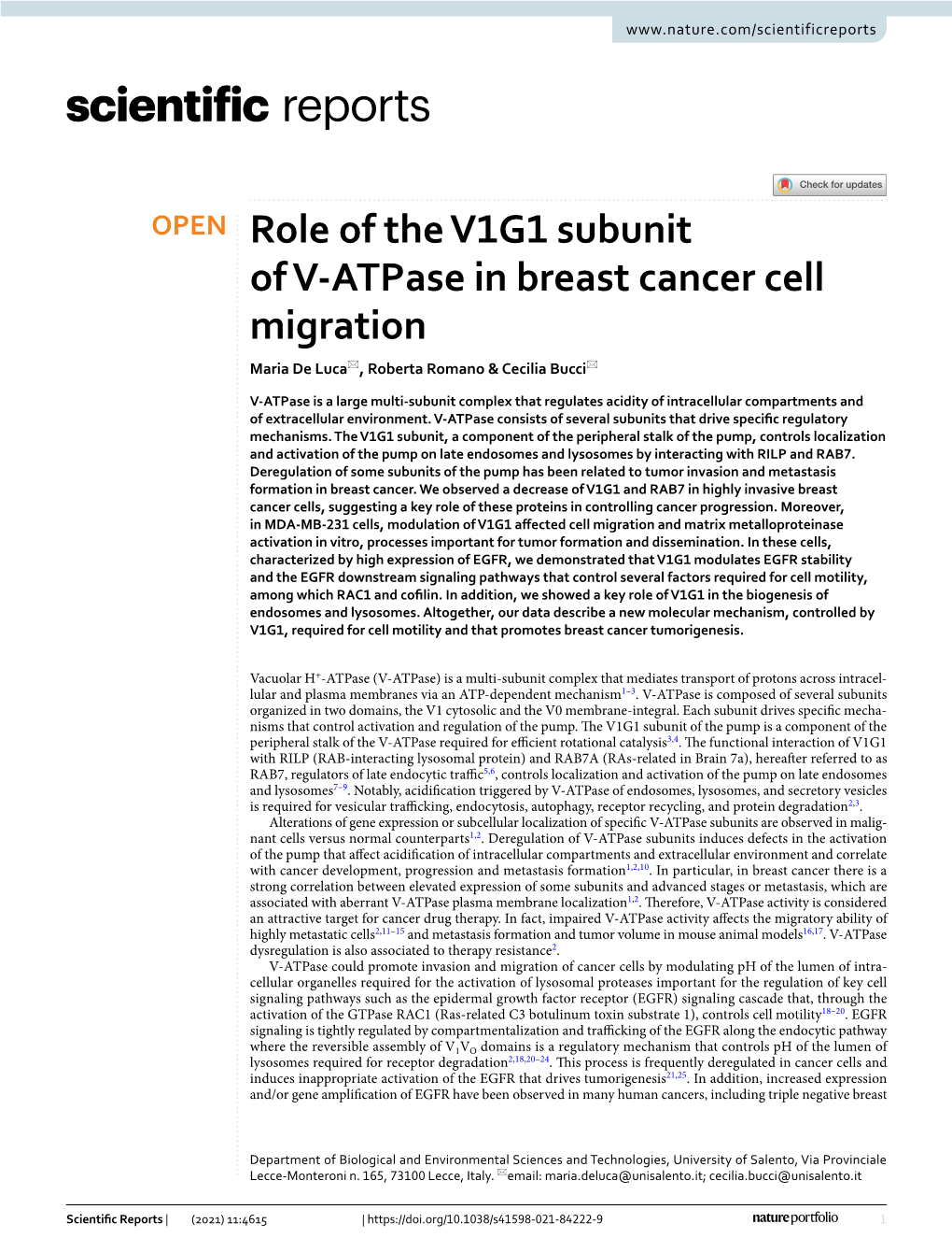 Role of the V1G1 Subunit of V-Atpase in Breast Cancer Cell Migration