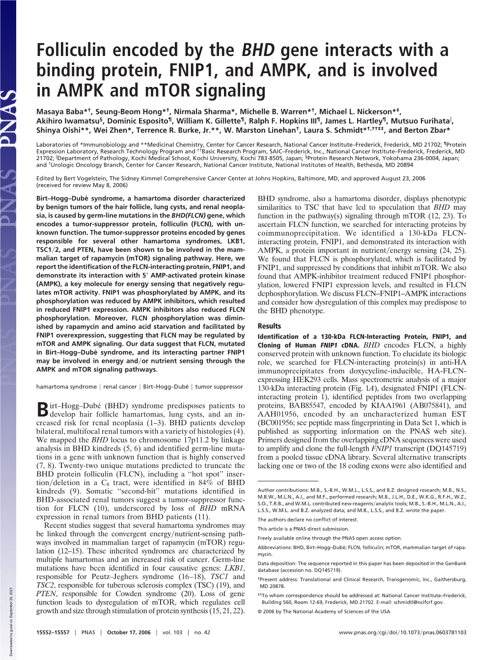 Folliculin Encoded by the BHD Gene Interacts with a Binding Protein, FNIP1, and AMPK, and Is Involved in AMPK and Mtor Signaling