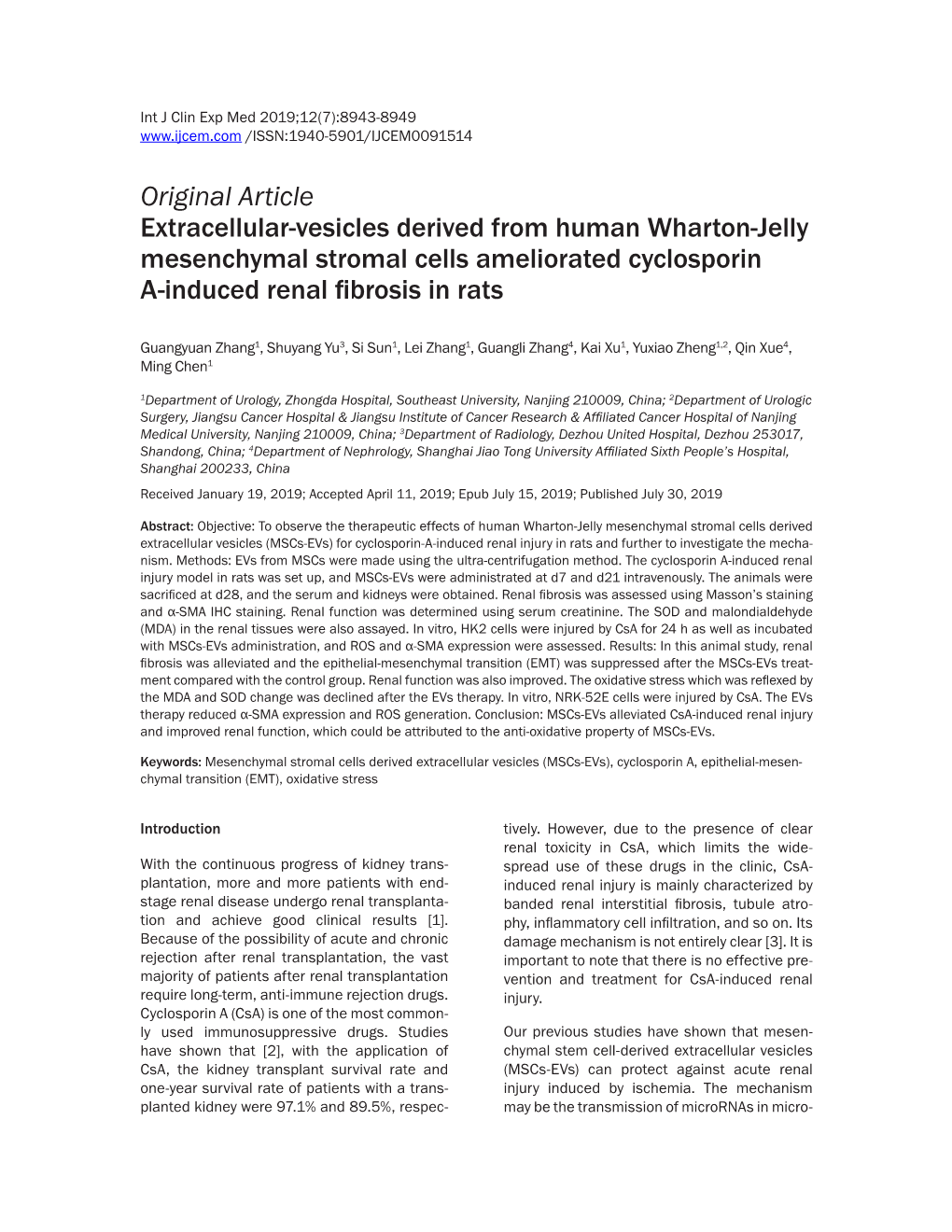 Original Article Extracellular-Vesicles Derived from Human Wharton-Jelly Mesenchymal Stromal Cells Ameliorated Cyclosporin A-Induced Renal Fibrosis in Rats