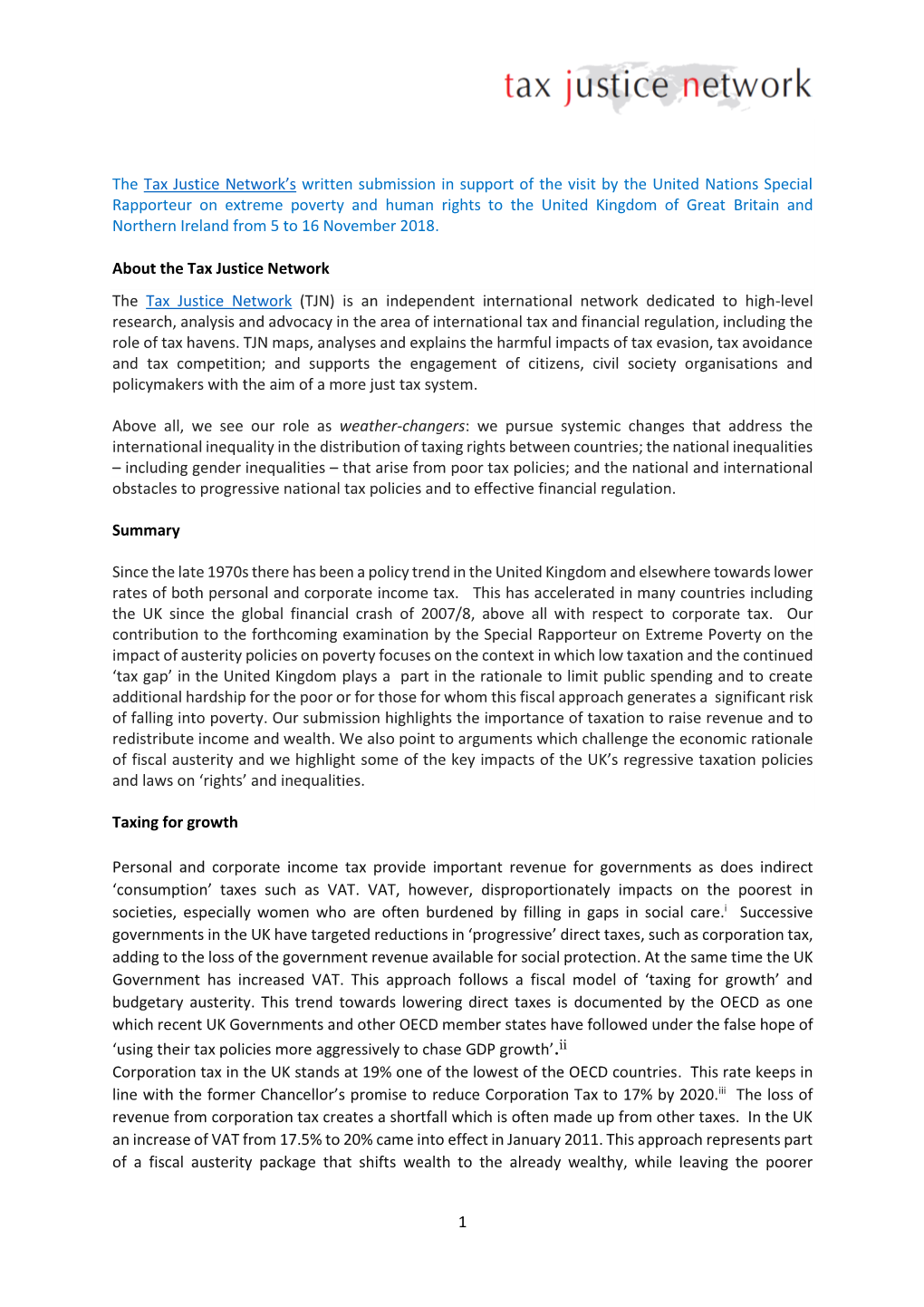 1 the Tax Justice Network's Written Submission in Support of the Visit By