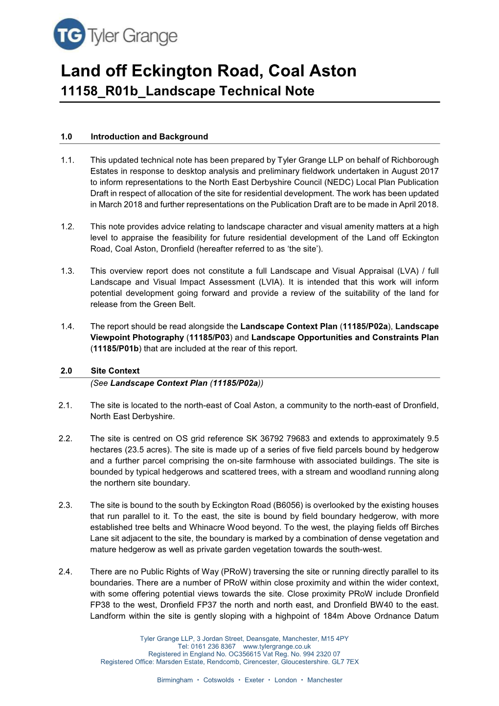 Land Off Eckington Road, Coal Aston 11158 R01b Landscape Technical Note