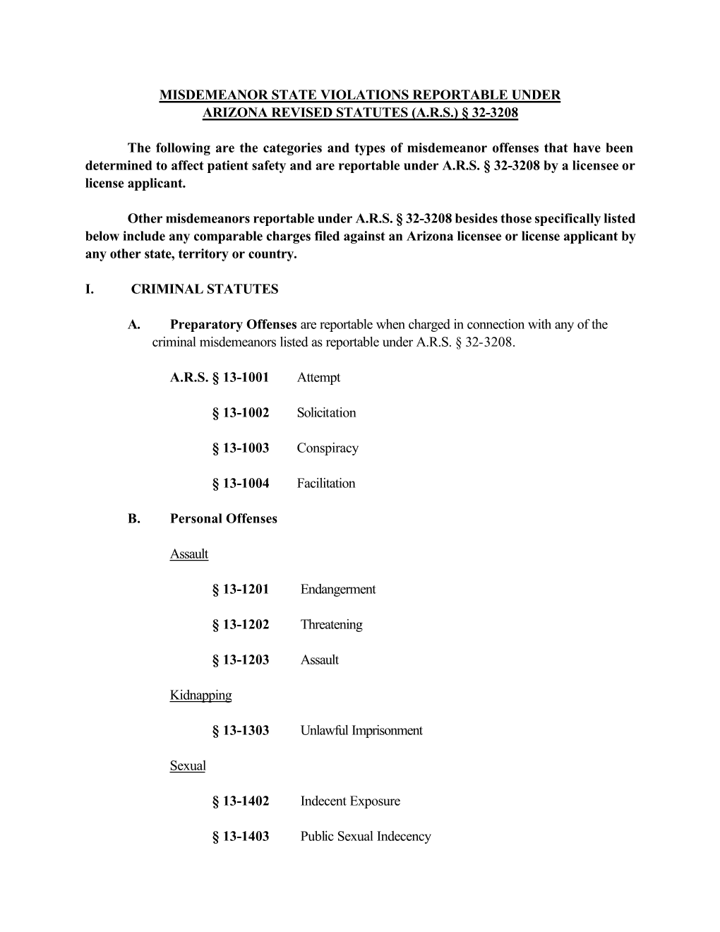 Misdemeanor State Violations Reportable Under Arizona Revised Statutes (A.R.S.) § 32-3208