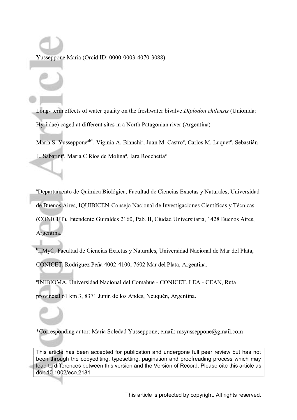 Term Effects of Water Quality on the Freshwater Bivalve Diplodon Chilensis (Unionida