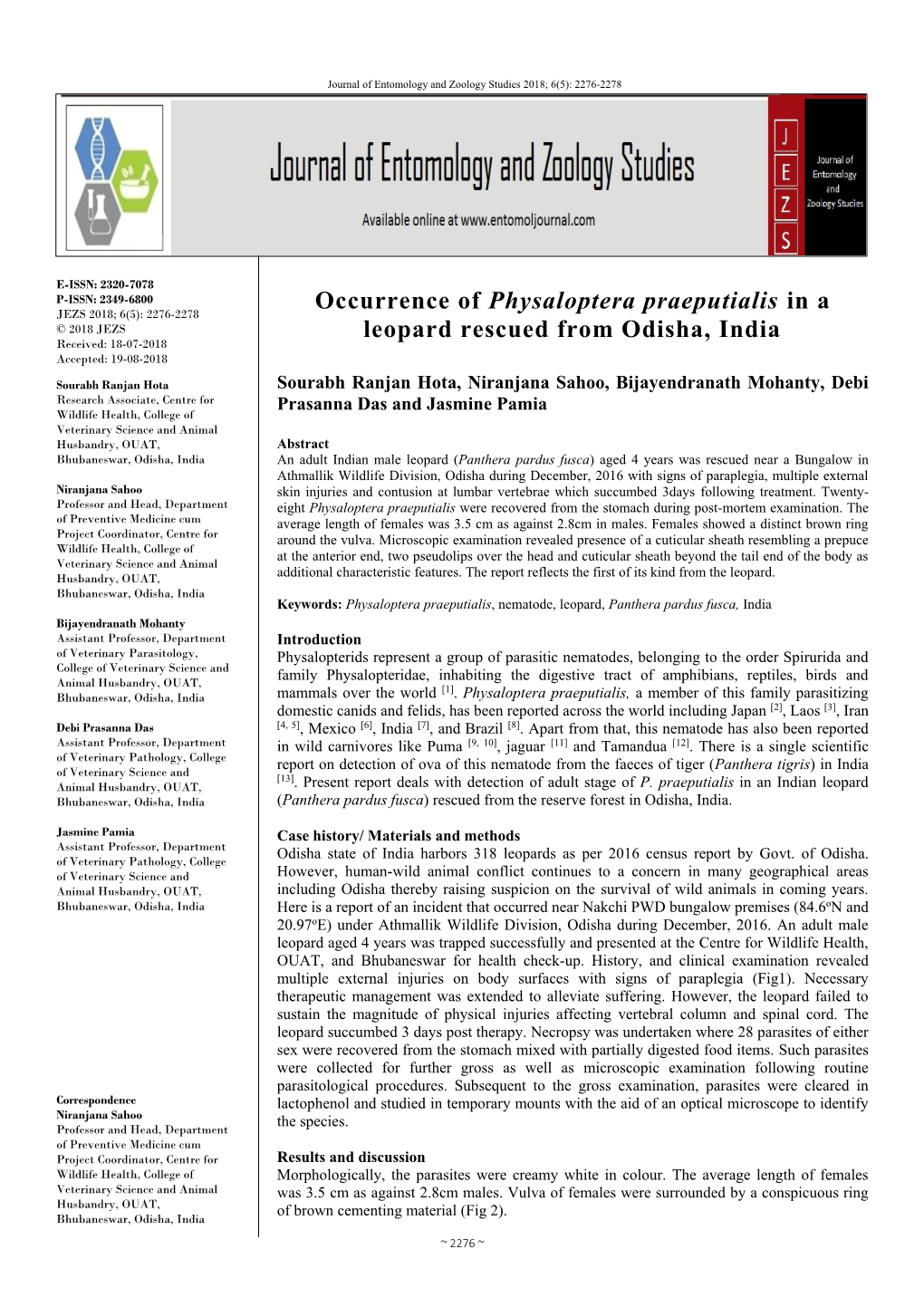 Occurrence of Physaloptera Praeputialis in a Leopard Rescued