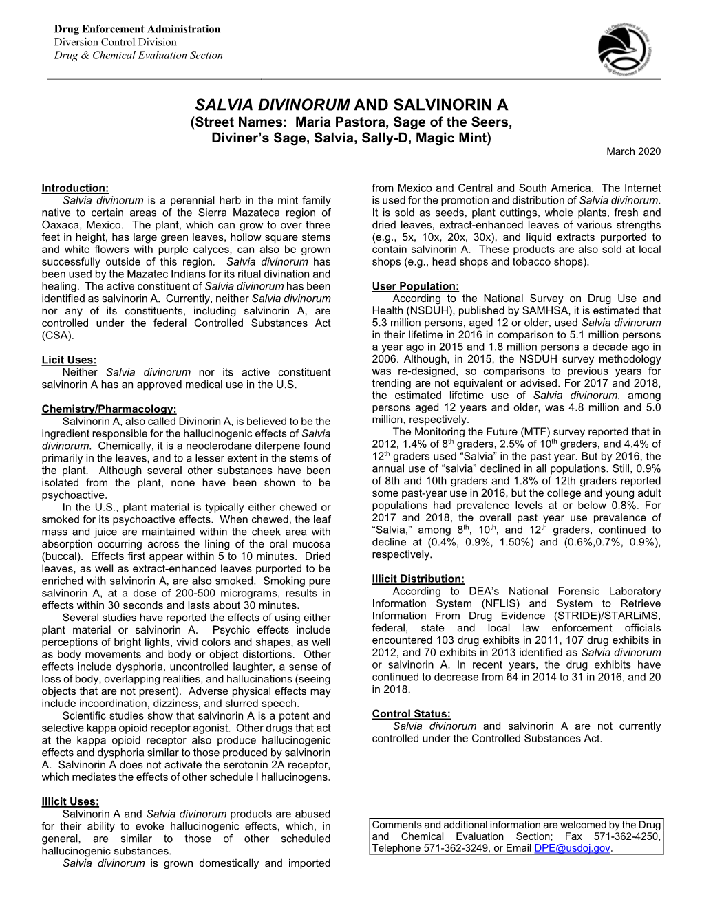 SALVIA DIVINORUM and SALVINORIN a (Street Names: Maria Pastora, Sage of the Seers, Diviner’S Sage, Salvia, Sally-D, Magic Mint) March 2020
