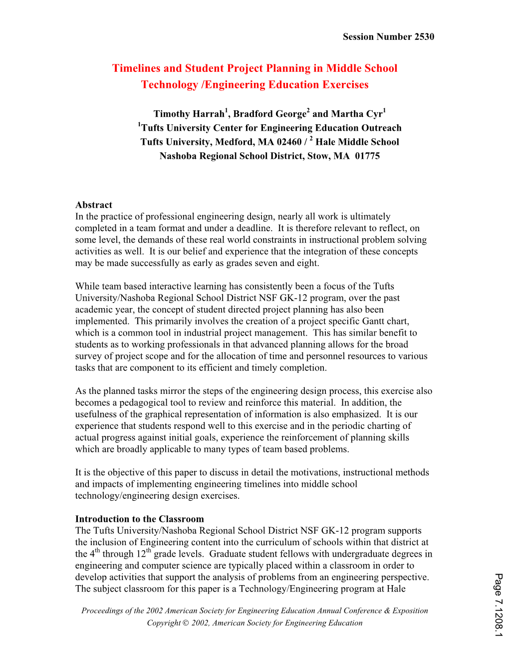 Timelines and Student Project Planning in Middle School Technology /Engineering Education Exercises