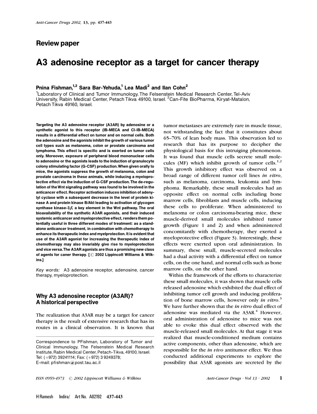 A3 Adenosine Receptor As a Target for Cancer Therapy