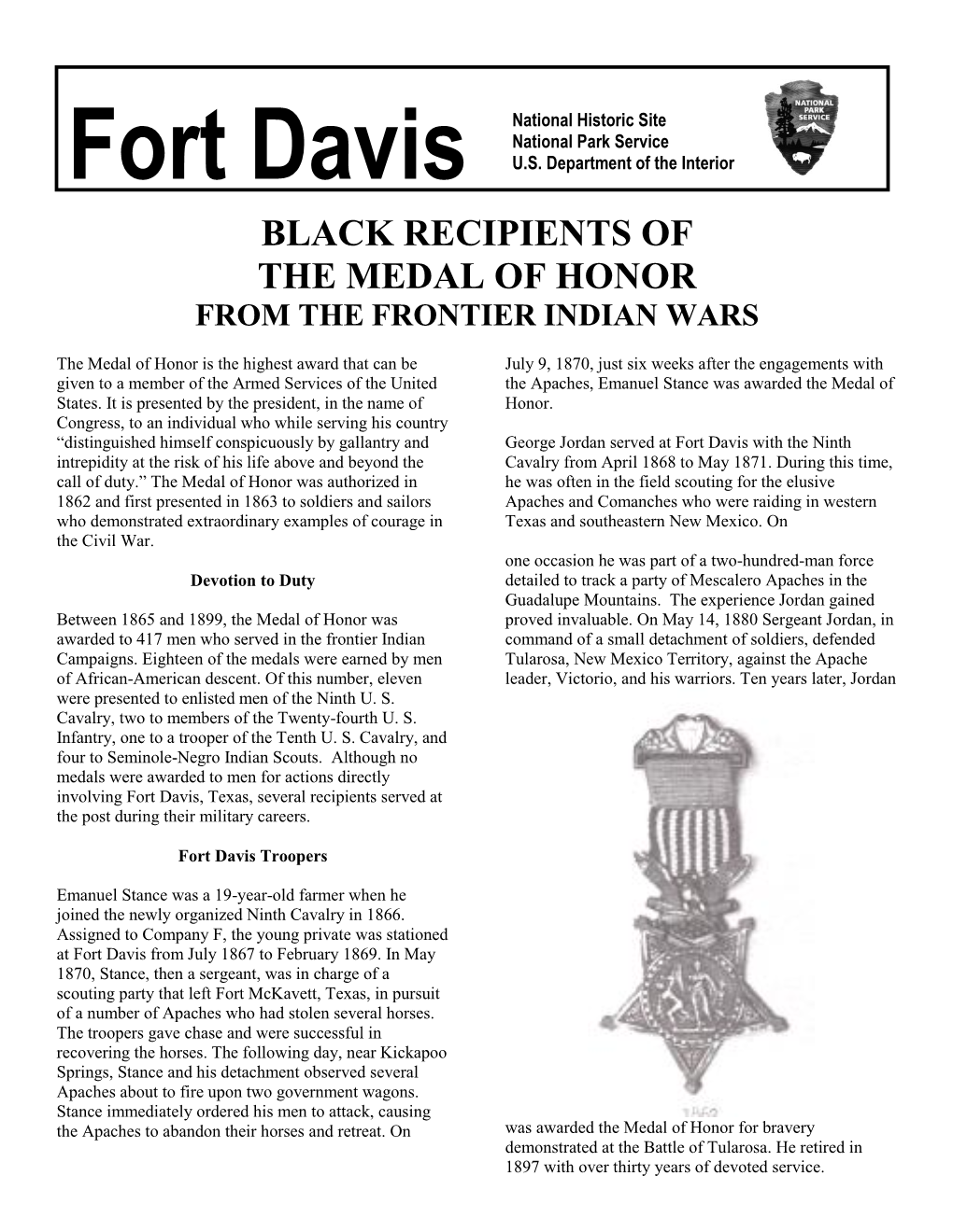 Black Recipients of the Medal of Honor from the Frontier Indian Wars