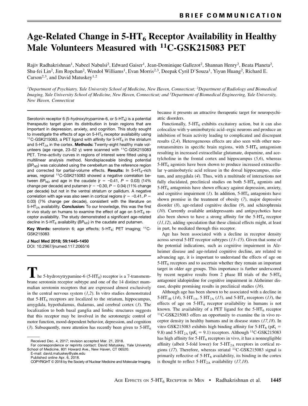 Age-Related Change in 5-HT6 Receptor Availability in Healthy Male Volunteers Measured with 11C-GSK215083 PET