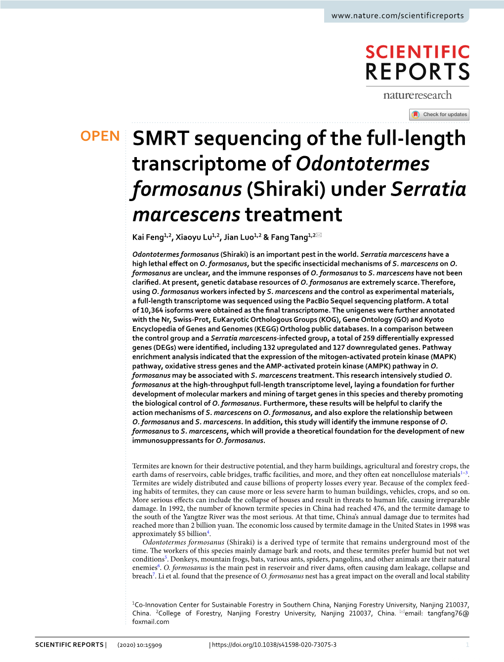 Under Serratia Marcescens Treatment Kai Feng1,2, Xiaoyu Lu1,2, Jian Luo1,2 & Fang Tang1,2*