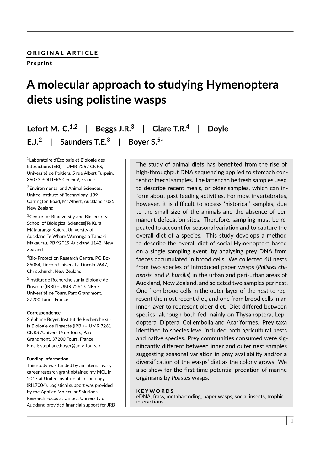 A Molecular Approach to Studying Hymenoptera Diets Using Polistine Wasps