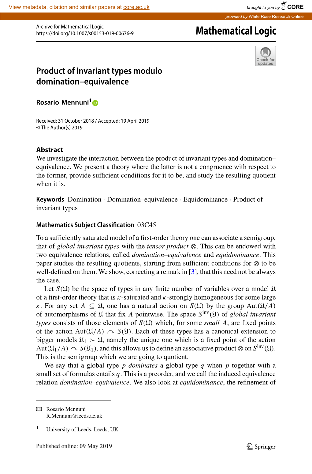 Product of Invariant Types Modulo Domination–Equivalence