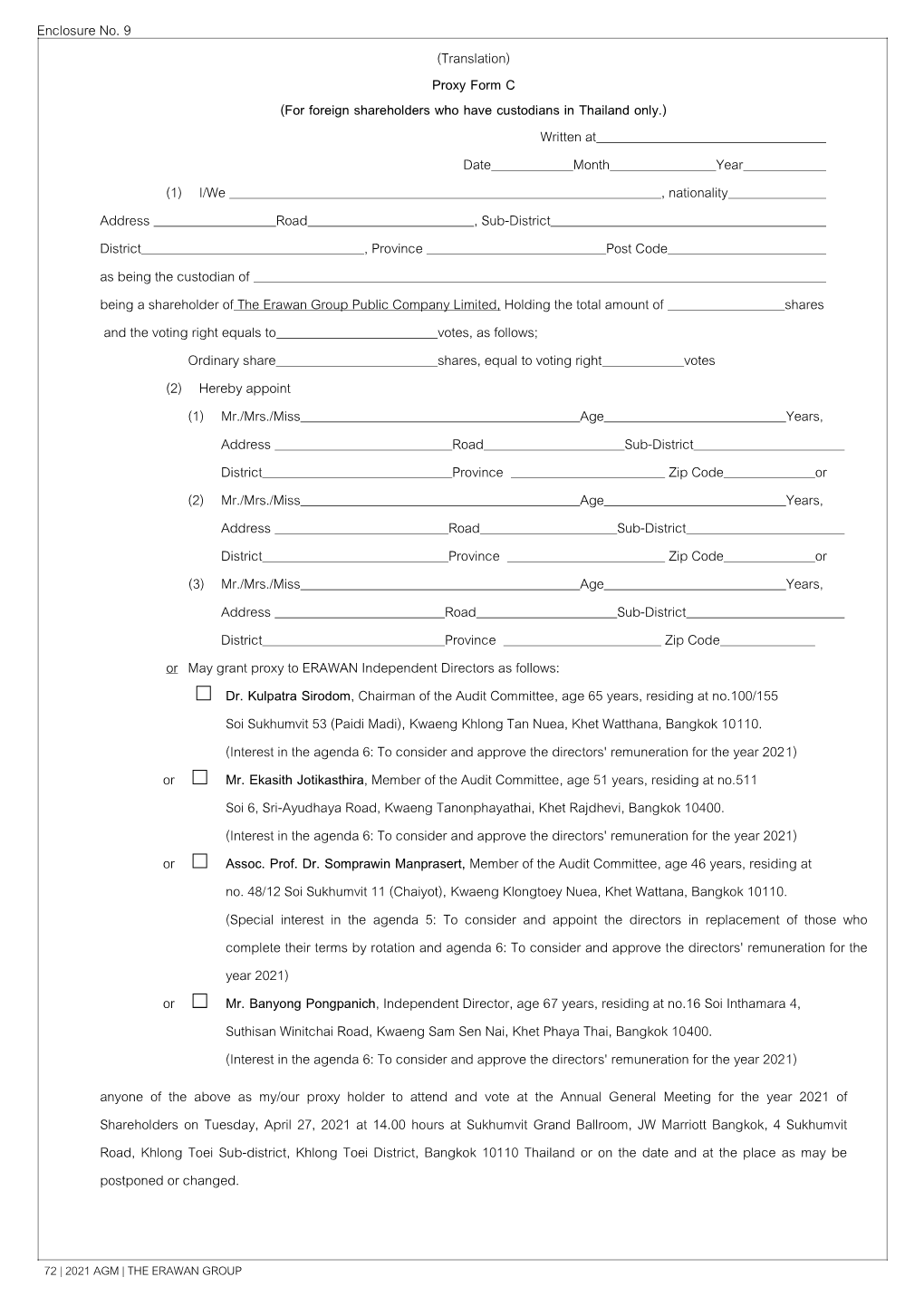 Proxy Form C (For Foreign Shareholders Who Have Custodians In