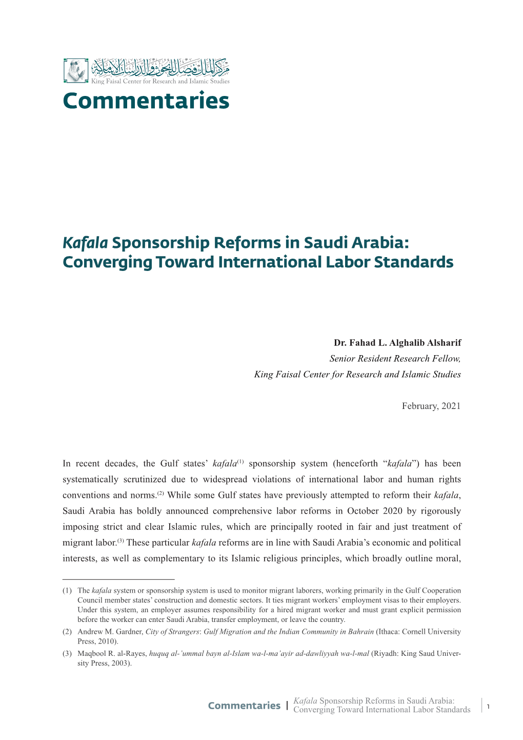 Kafala Sponsorship Reforms in Saudi Arabia: Converging Toward International Labor Standards