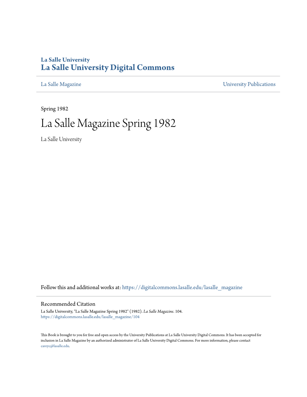 La Salle Magazine Spring 1982 La Salle University