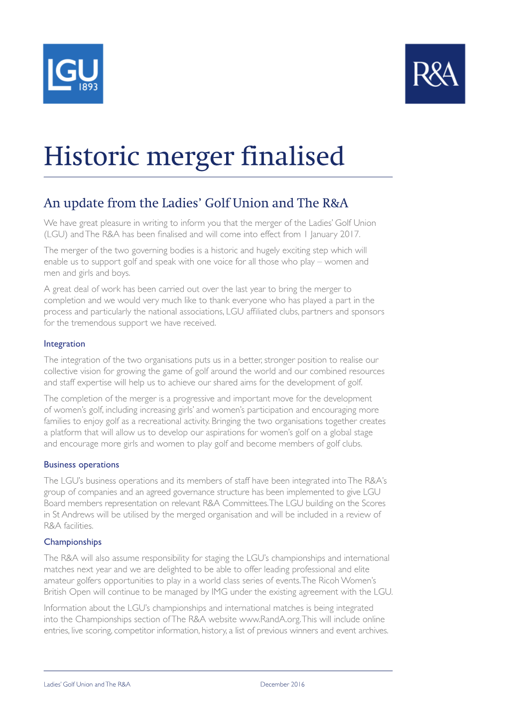 Historic Merger Finalised