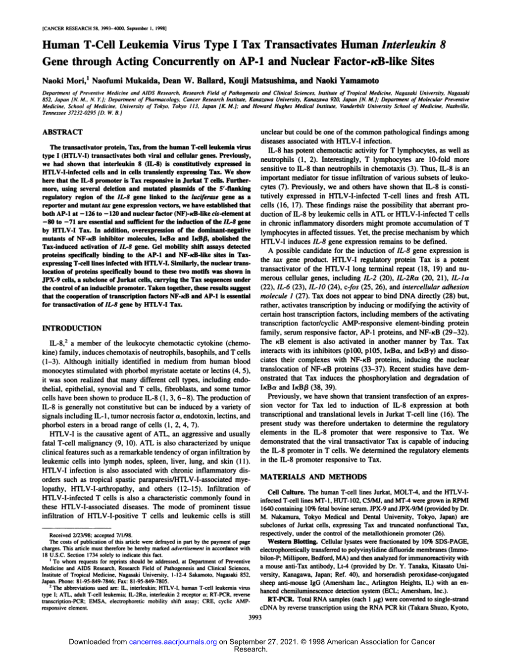 Human T-Cell Leukemia Virus Type I Tax Transactivates Human Interleukin 8 Gene Through Acting Concurrently on AP-1 and Nuclear Factor-KB-Like Sites