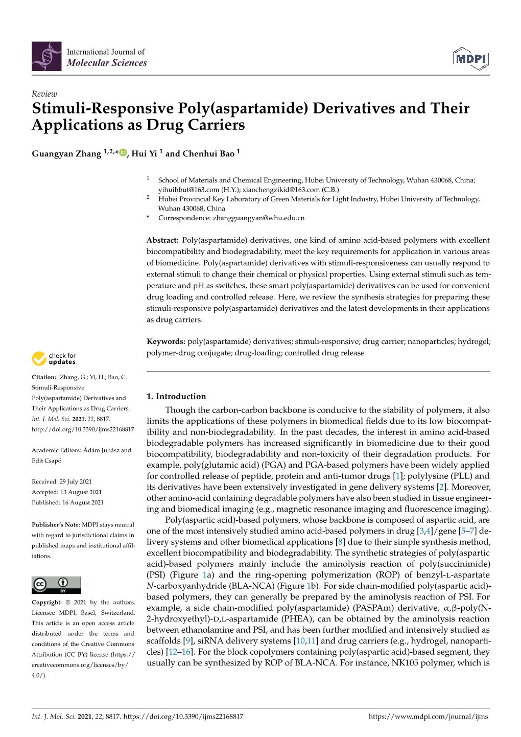 Stimuli-Responsive Poly(Aspartamide) Derivatives and Their Applications As Drug Carriers