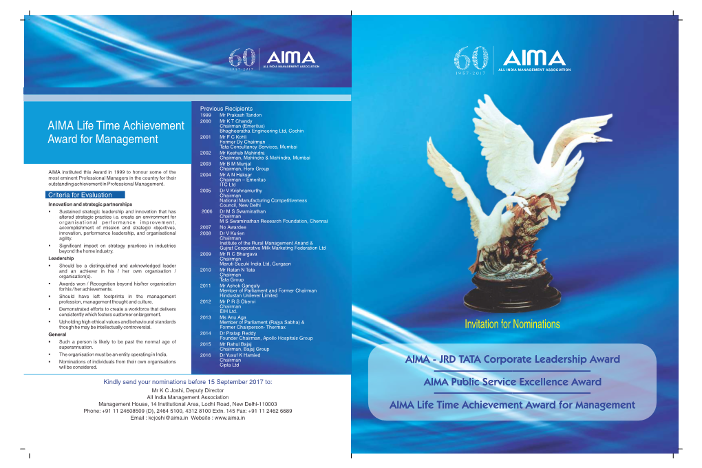 AIMA Life Time Achievement Award for Management Invitation For