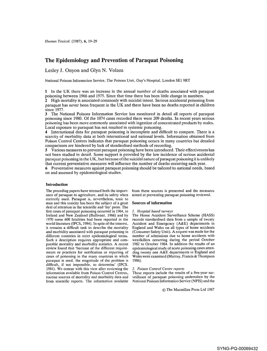 The Epidemiology and Prevention of Paraquat Poisoning Lesley J