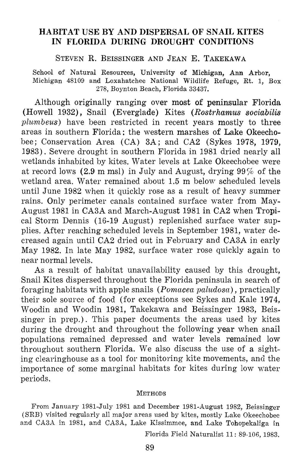 Habitat Use by and Dispersal of Snail Kites in Florida During Drought Conditions