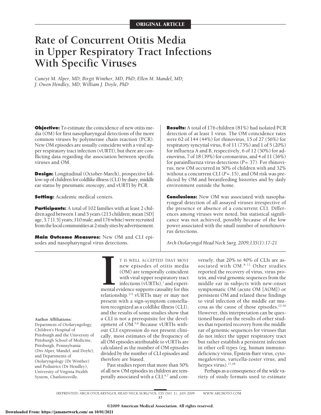 Rate of Concurrent Otitis Media in Upper Respiratory Tract Infections with Specific Viruses