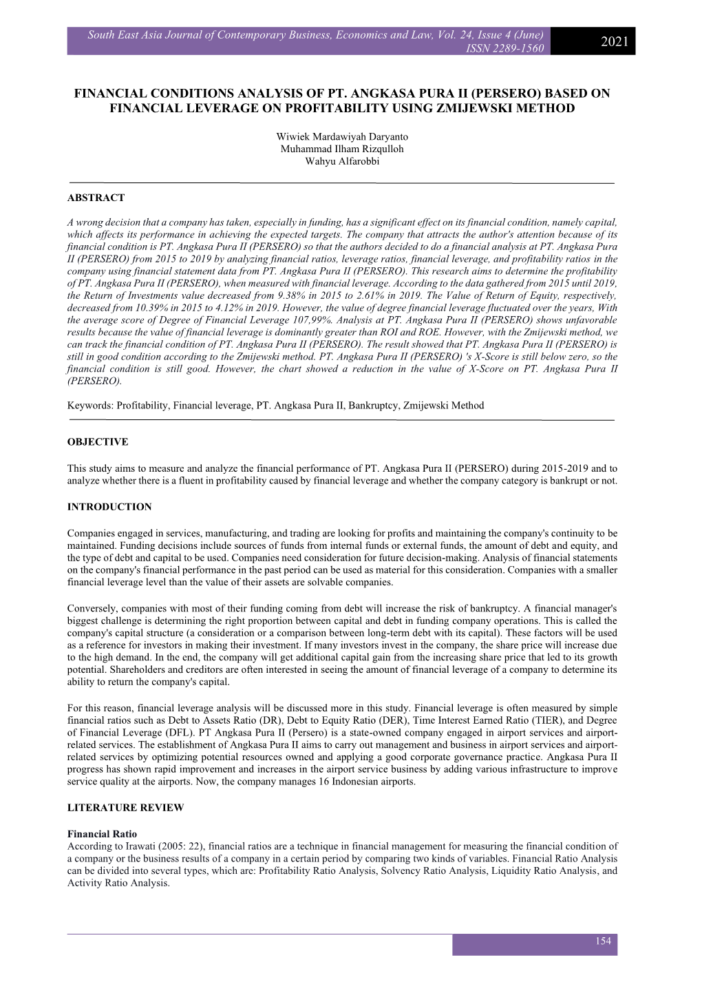 Financial Conditions Analysis of Pt. Angkasa Pura Ii (Persero) Based on Financial Leverage on Profitability Using Zmijewski Method