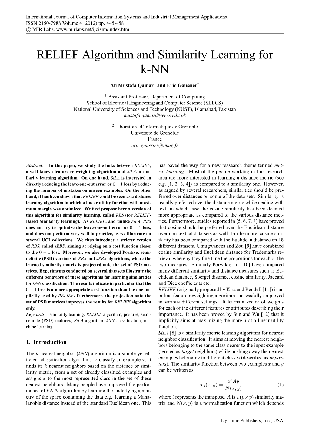 RELIEF Algorithm and Similarity Learning for K-NN