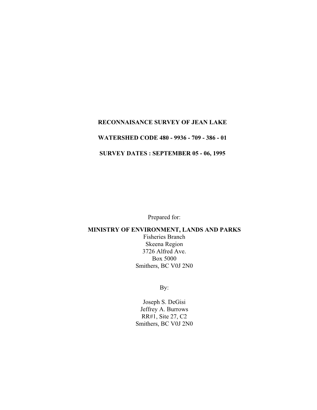 Reconnaisance Survey of Jean Lake Watershed Code