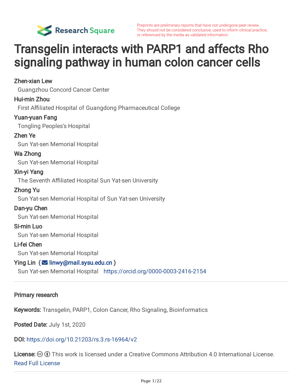Transgelin Interacts with PARP1 and Affects Rho Signaling Pathway in Human Colon Cancer Cells