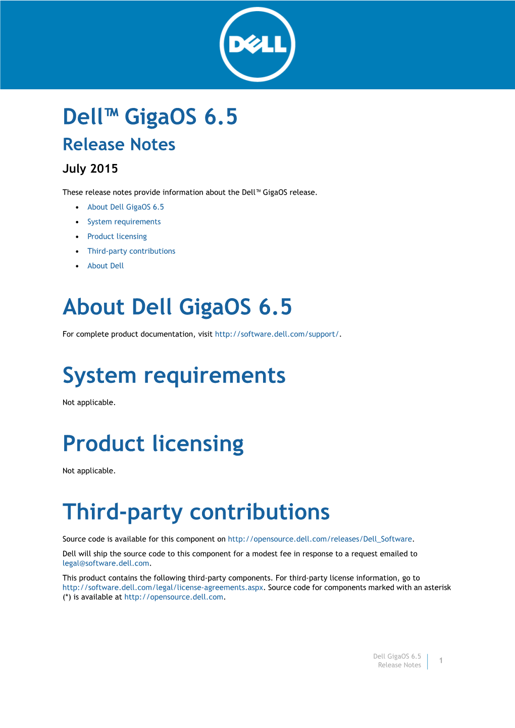 Dell™ Gigaos 6.5 Release Notes July 2015