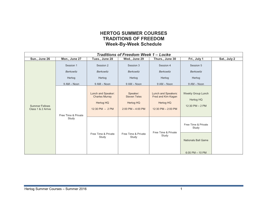 HERTOG SUMMER COURSES TRADITIONS of FREEDOM Week-By-Week Schedule