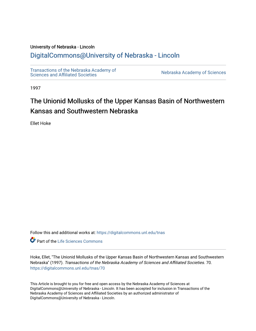 The Unionid Mollusks of the Upper Kansas Basin of Northwestern Kansas and Southwestern Nebraska