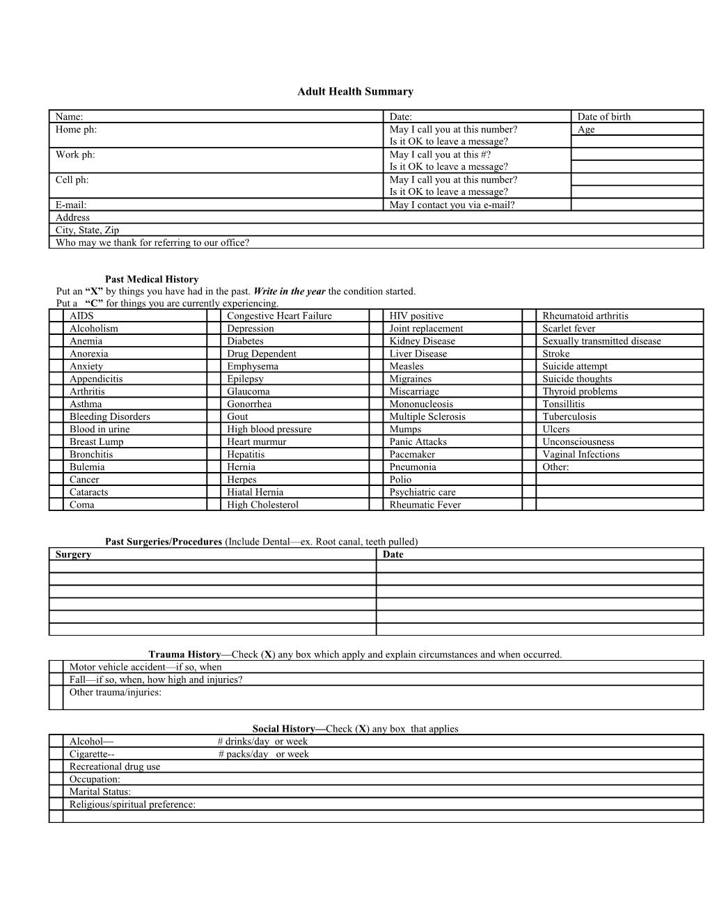 Adult Health Summary