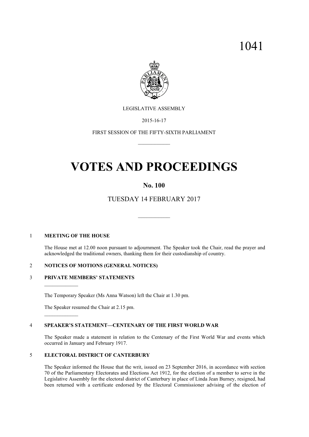 Votes and Proceedings