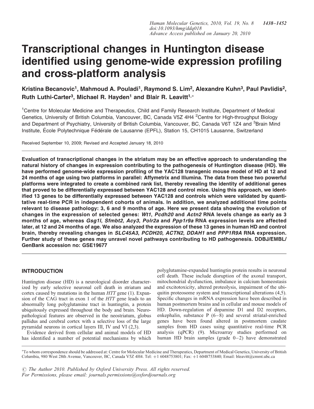 Transcriptional Changes in Huntington Disease Identified Using Genome